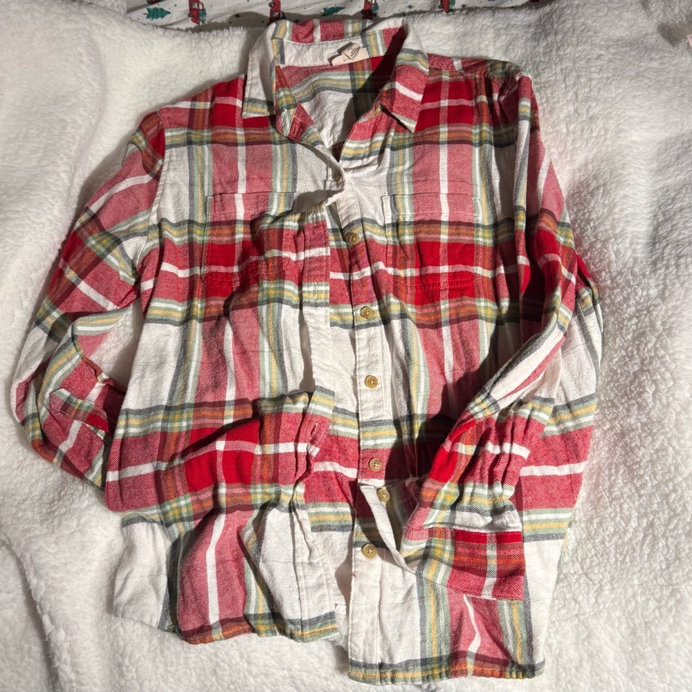 a.n.a Womens Flannel Plaid Button Down Shirt - Red, White, and Green